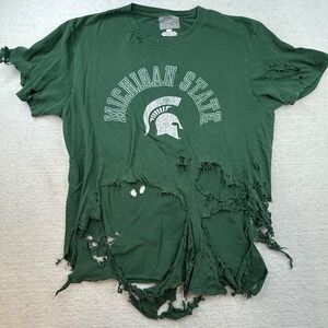 Michigan State MSU Spartans THRASHED Shirt Green Mens Large holes stains rags